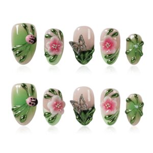 Green Chrome Almond Press On Nails 3D Butterfly Ladybug
