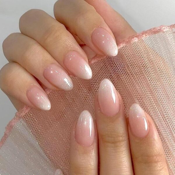 Pink Ombre Acrylic Press On Nails Short Almond Glitter 32PCS