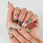 Press On Nails Short Almond Handmade 3D Flower Metallic Butterflies Fake Nails, Green Chrome Ladybug Design French False Nails for Spring Party Daily Wear (Spring Green Pastel Garden,L)