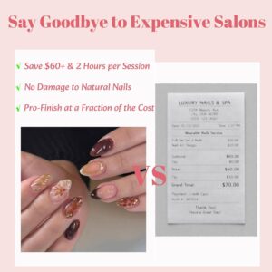 Nude Brown Almond Press On Nails 3D Flower Gold Line 30PCS