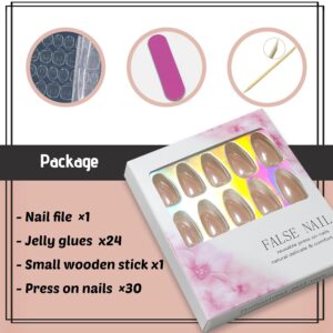 Short Almond Nude Press On Nails Chrome Bling Design 30PCS