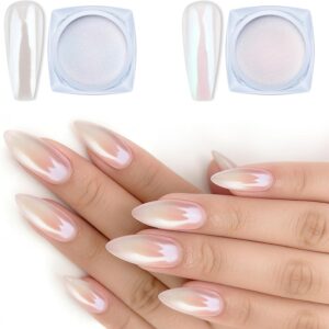 Artdone 2 Jars Chrome Nail Powder White and Red Pearl, Iridescent Aurora Powder Metallic Mirror Effect Pigment Pearlescent Mermaid Pearl Dust Kit, Decoration Acrylic Resin Craft
