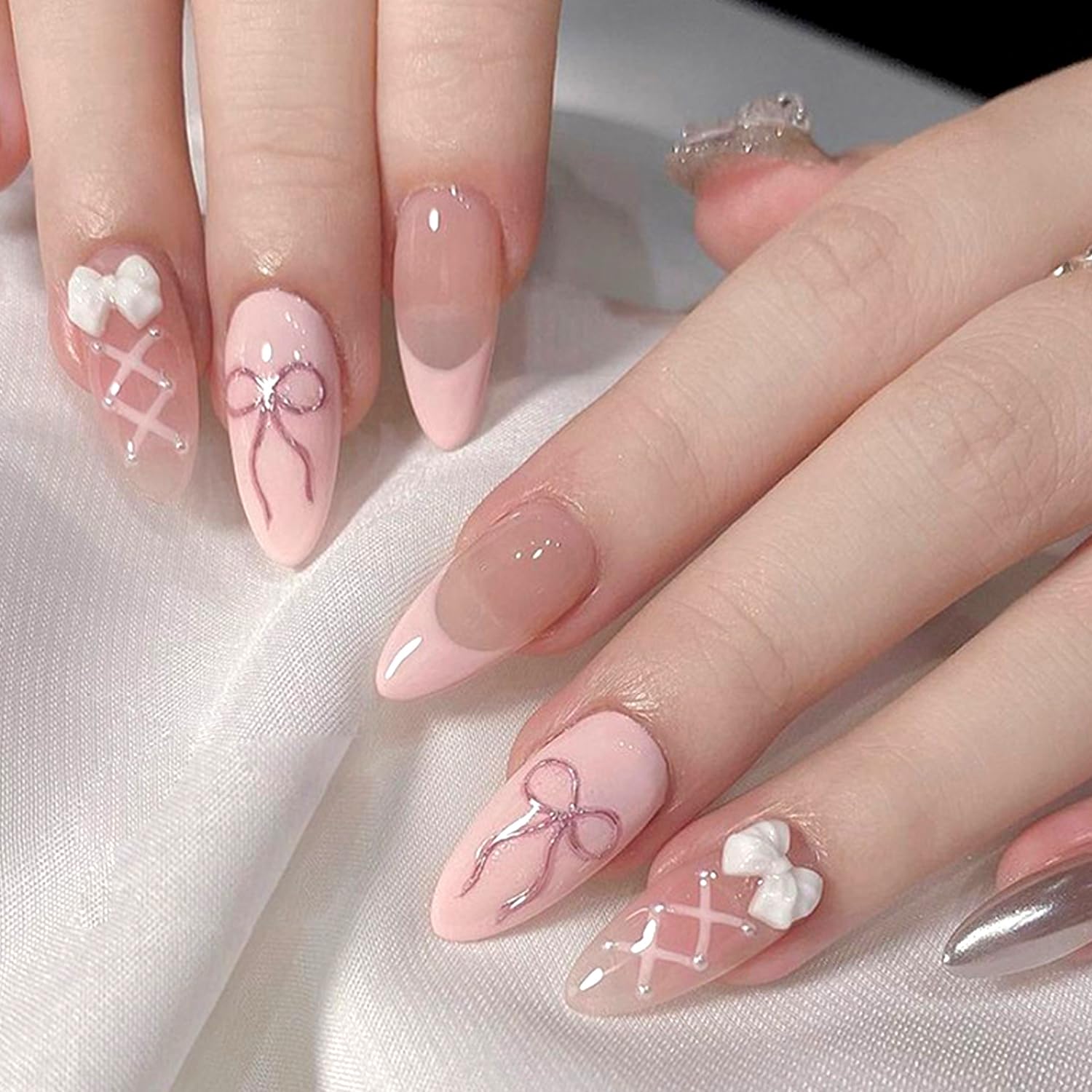6 Packs (144 Pcs) | Reusable Press on Nails | Stick on Nails 12 Sizes-6 Styles | Cute Bow Nails
