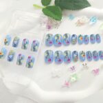 Blue Spring Floral Press On Nails Medium Square Gold 24PCS
