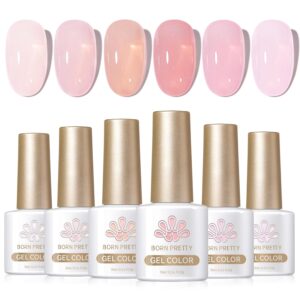 Born Pretty Jelly Pink Gel Nail Polish Nude Pink Sheer Translucent Valentine’s Day Gel Polish Milky Natural Gel Polish Set Nail Art Manicure DIY Kit Home Salon 6PCS