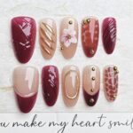 Nude Brown Almond Press On Nails 3D Flower Gold Line 30PCS