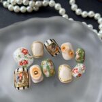 Gallery Bloom Press On Nails, 10pcs Short Squoval for Hands, Handmade Floral & Stripe Mix with Gold Frame Accents, Reusable Glue On False Nails (Size Large)