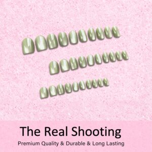 Cat Eye Pastel Green Press On Nails Short Oval 30 Pcs Chrome
