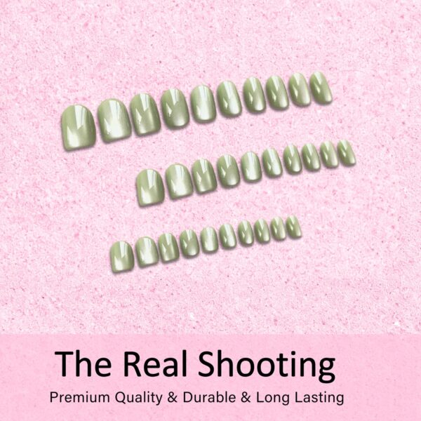 Cat Eye Pastel Green Press On Nails Short Oval 30 Pcs Chrome