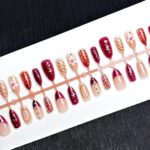Nude Brown Almond Press On Nails 3D Flower Gold Line 30PCS