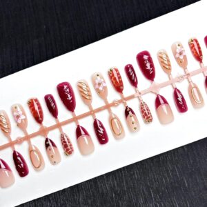 Nude Brown Almond Press On Nails 3D Flower Gold Line 30PCS