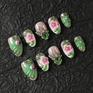 Press On Nails Short Almond Handmade 3D Flower Metallic Butterflies Fake Nails, Green Chrome Ladybug Design French False Nails for Spring Party Daily Wear (Spring Green Pastel Garden,L)