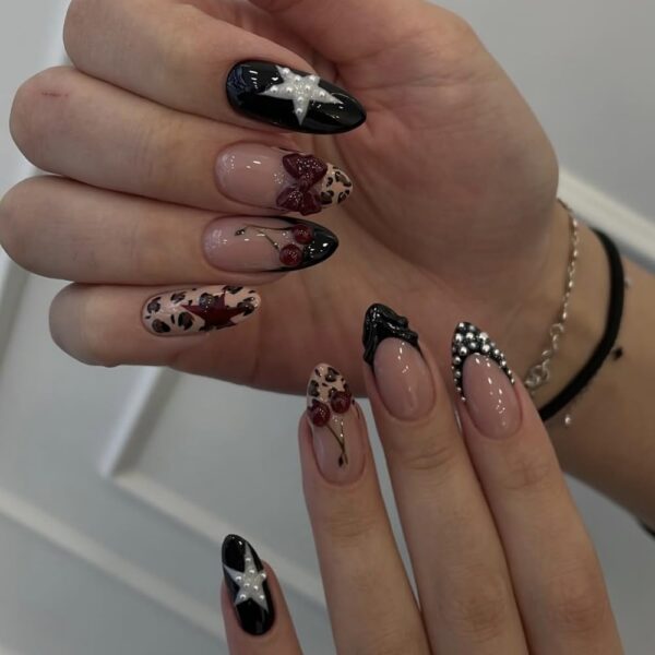 Leopard Almond Press On Nails 5D Bow Pearl Cherry 24 Pcs