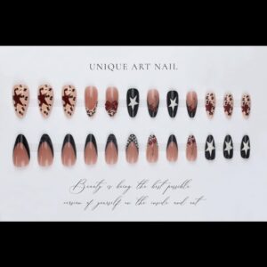 Leopard Almond Press On Nails 5D Bow Pearl Cherry 24 Pcs - Image 3