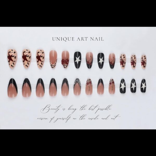 Leopard Almond Press On Nails 5D Bow Pearl Cherry 24 Pcs