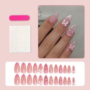 Pink Almond Press On Nails 5D Bow Pearl French Tip 24 Pcs - Image 2