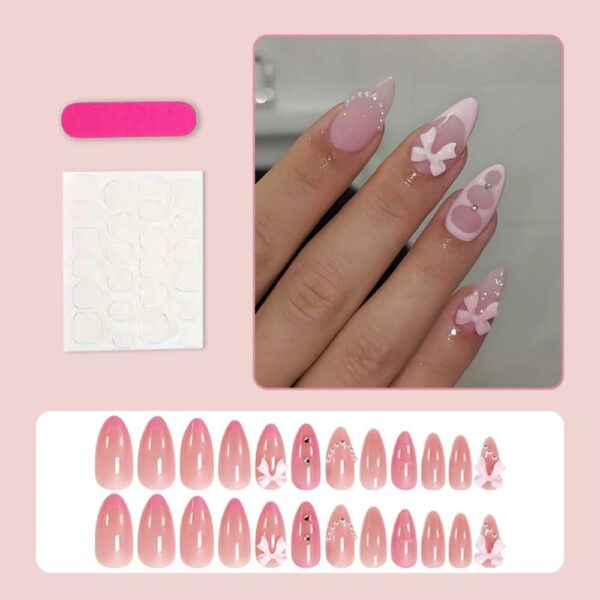 Pink Almond Press On Nails 5D Bow Pearl French Tip 24 Pcs