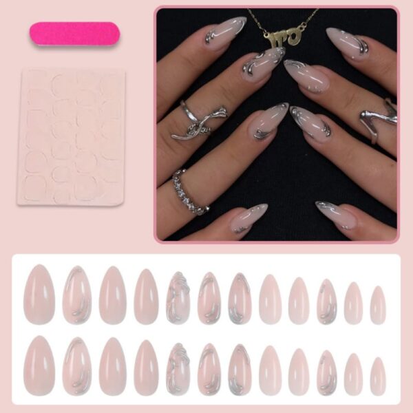 Pink Almond Press On Nails 5D Metal Lines Silver Beads 24Pcs