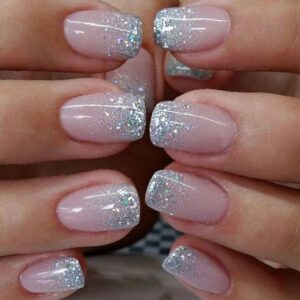 Nude Pink Glitter Tip Press On Nails Short Square 30 Pcs