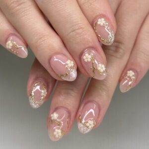 Nude Pink Press On Nails Almond 3D Flower Gold French 24 Pcs