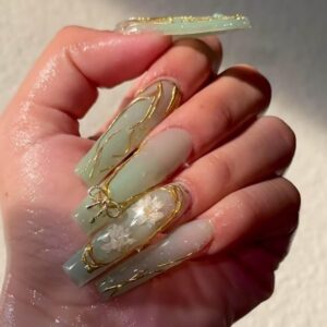 Light Green Gradient Coffin Press On Nails Daisy Bow 24 Pcs