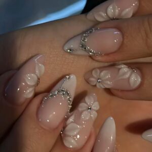 Flower Press On Nails Almond Rhinestone Chain Pink French 24