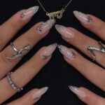 Pink Almond Press On Nails 5D Metal Lines Silver Beads 24Pcs
