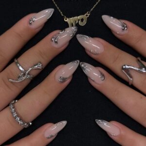 Pink Almond Press On Nails 5D Metal Lines Silver Beads 24Pcs