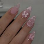 Pink Almond Press On Nails 5D Bow Pearl French Tip 24 Pcs