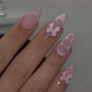Pink Almond Press On Nails 5D Bow Pearl French Tip 24 Pcs