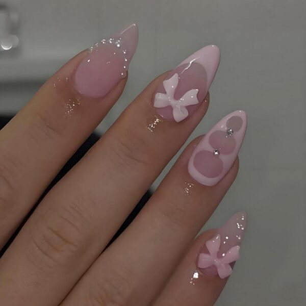 Pink Almond Press On Nails 5D Bow Pearl French Tip 24 Pcs