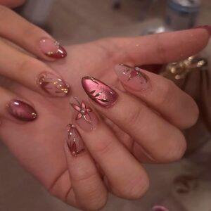 Mivota Short Press On Nails Almond Red Cat Eye Nails with Gold Maple Leaf, Pearl & French Tip Accents, Acrylic False Nails, Elegant Autumn Fall Nail Art, DIY Reusable Nail Set for Women