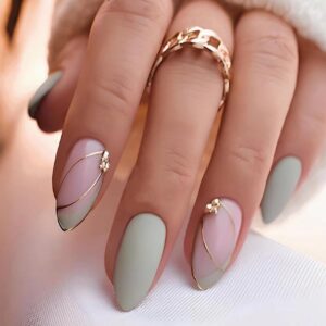 Green Press On Nails Almond Gold Line Design 24 Pcs