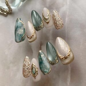 Green Marble French Tip Press On Nails Short Almond 24PCS