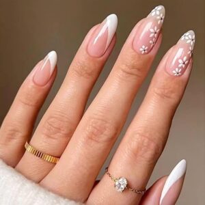 White Flower French Tip Press On Nails Almond Medium 24 Pcs