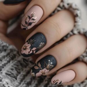 Matte Black Nude Pink Press On Nails Almond Floral 24 Pcs