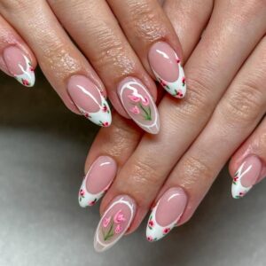 Tulip French Tip Press On Nails Medium Almond Floral 24 Pcs