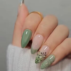 Pink Ombre Press On Nails Almond Green Butterfly Flower
