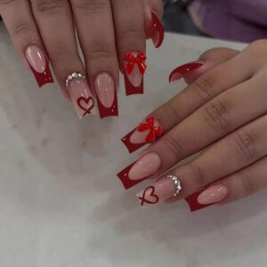 Red French Tip Press On Nails Square 3D Bow Heart 24 Pcs