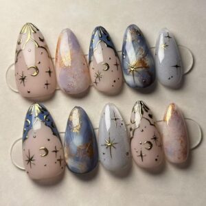 Blue Marble Press On Nails Short Almond Cat Eye Gold Star