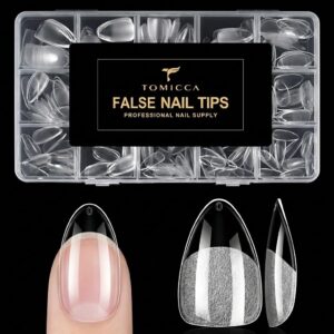 TOMICCA Short Almond Nail Tips – 240pcs 15 Sizes Soft Gel Tips, Half Matte Pre-Shaped Full Cover Clear Fake Nails, Acrylic Press on Nails for Extension, Beginners and Professional Salon
