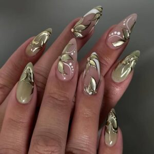 Sage Green Long Almond Press On Nails French Tip 3D 24PCS