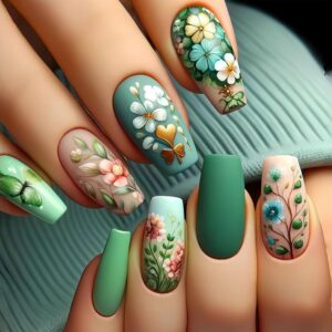 Green Floral Press On Nails Medium Coffin Matte 24 Pcs