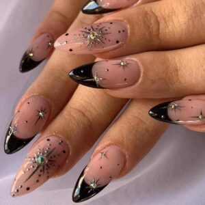 Star Rhinestone French Tip Press On Nails Almond 24PCS