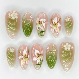 Nude Green Press On Nails Almond 3D Pearl Flower 30 Pcs