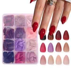 Short Almond Press On Nails 288 Pcs 12 Solid Colors Glossy