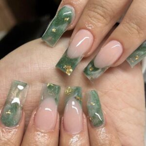 Green Marble French Tip Square Press On Nails 24 Pcs