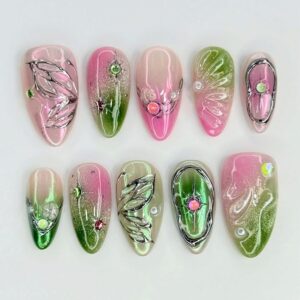 Green Gradient Chrome Press On Nails Almond Butterfly 24 Pcs