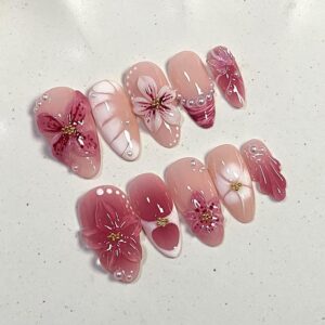 Pink Flower Pearl Press On Nails Medium Almond Glossy 24 Pcs