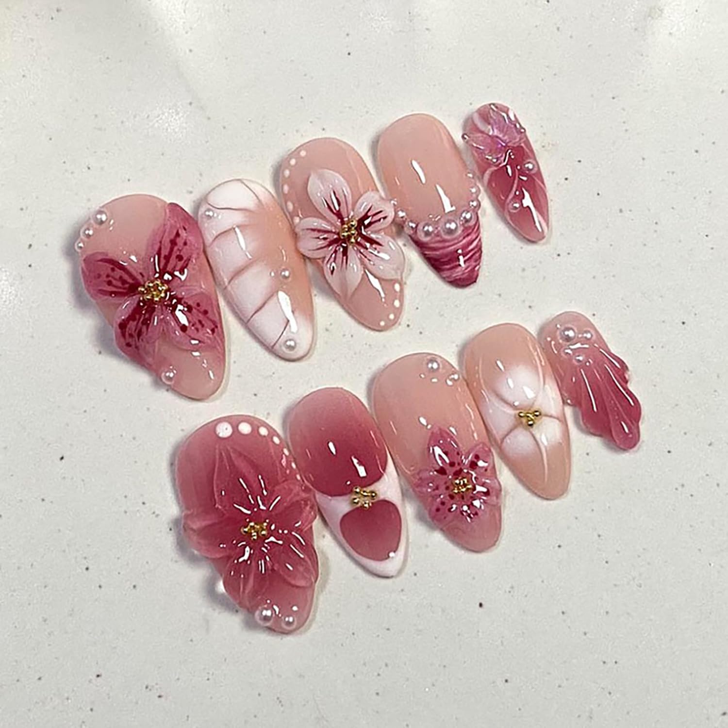 Pink Flower Pearl Press On Nails Medium Almond Glossy 24 Pcs Pink Flower Pearl Press On Nails Medium Almond Glossy 24 Pcs